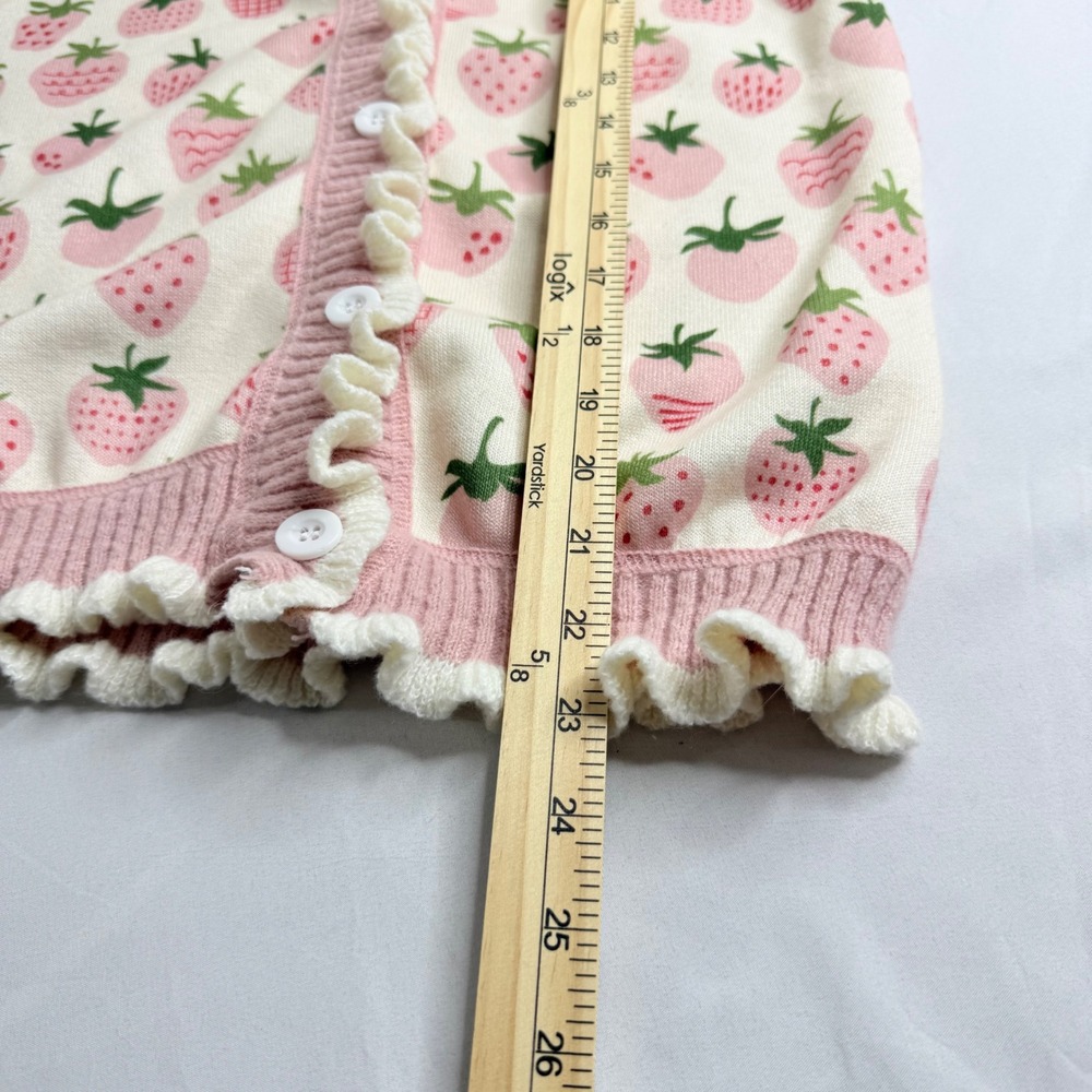 Womens Strawberry Print Ruffle Trim Knit Cardigan Pink Cream V-Neck Button Up - Picture 10 of 11
